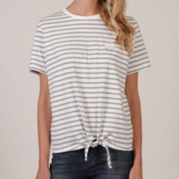 Ivory Ella Front Tie Short Sleeve T-Shirt in White & Gray Stripe - Picture 1 of 8